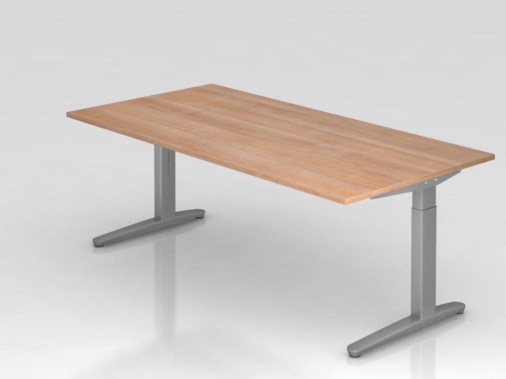 Hammerbacher Schreibtisch mit C Fuß in silber 200 x 100 cm Platte Nussbaum Produktbild Hammerbacher Schreibtisch mit C Fuß in silber 200 x 100 cm Platte Nussbaum