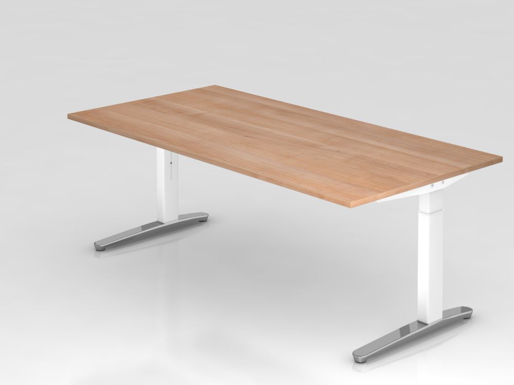 Hammerbacher Schreibtisch mit Kabelwanne 200 x 100 cm Platte Nussbaum Weiß Produktbild Hammerbacher Schreibtisch mit Kabelwanne 200 x 100 cm Platte Nussbaum Weiß