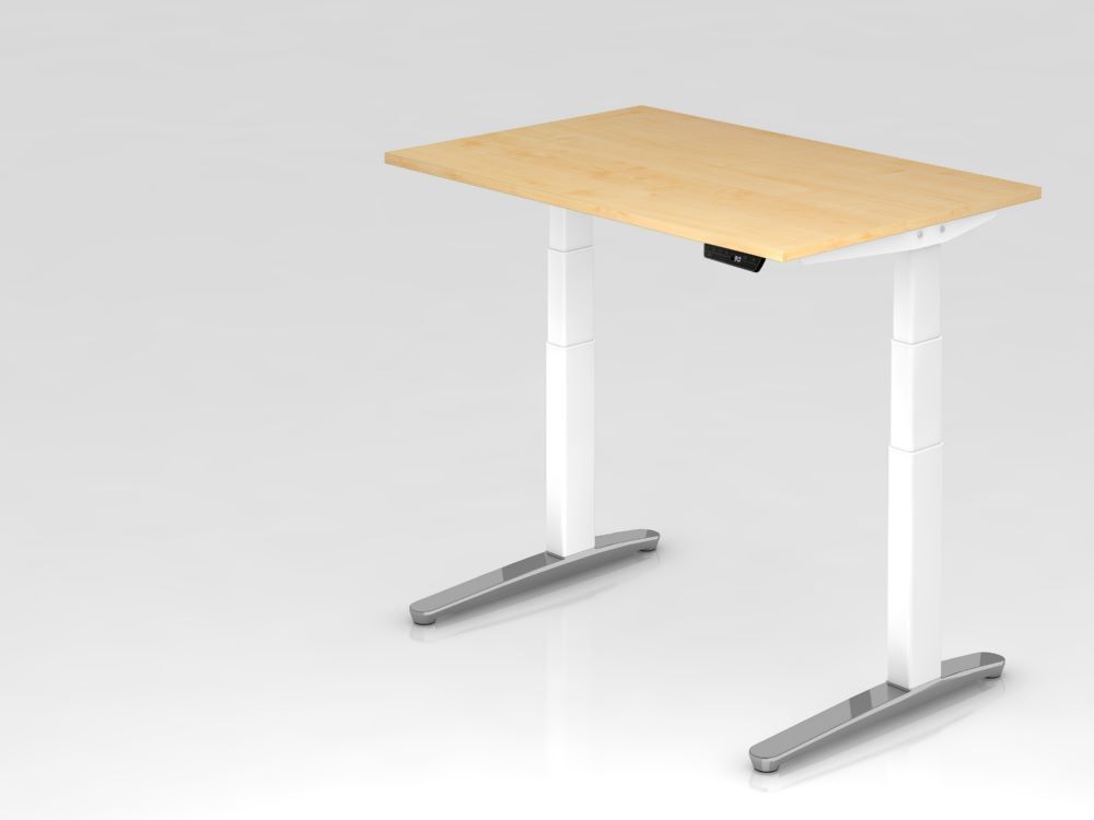 Hammerbacher Sitz-Steh-Schreibtisch 120 x 80cm Ahorn C-Fuß Gestell in Weiß Produktbild Hammerbacher Sitz-Steh-Schreibtisch 120 x 80cm Ahorn C-Fuß Gestell in Weiß