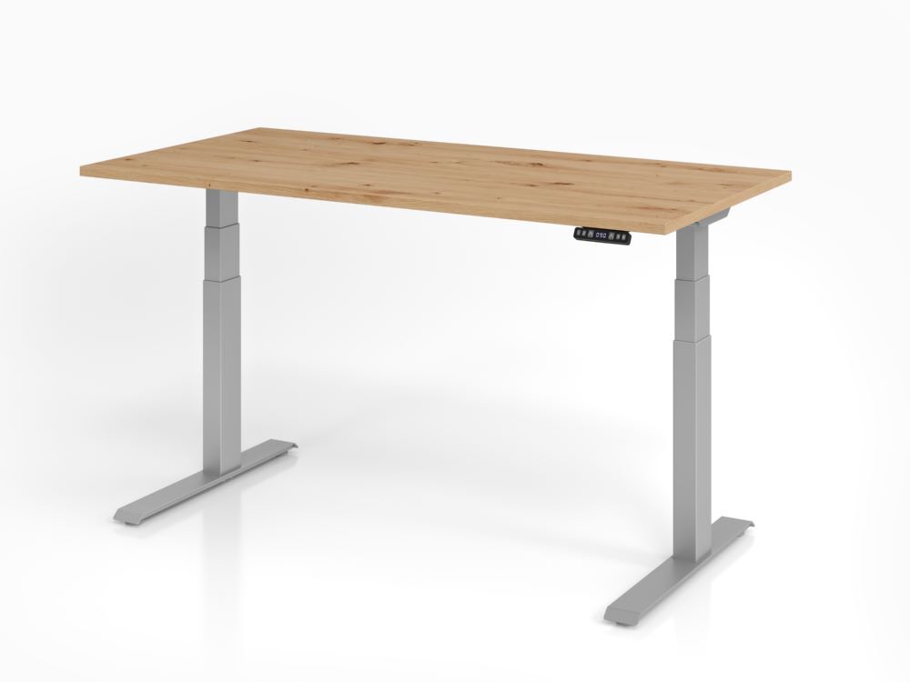 Hammerbacher Sitz Steh Schreibtisch 160 x 80 cm Asteiche Platte 25 mm C-Fuß Gestell Silber  Produktbild Hammerbacher Sitz Steh Schreibtisch 160 x 80 cm Asteiche Platte 25 mm C-Fuß Gestell Silber