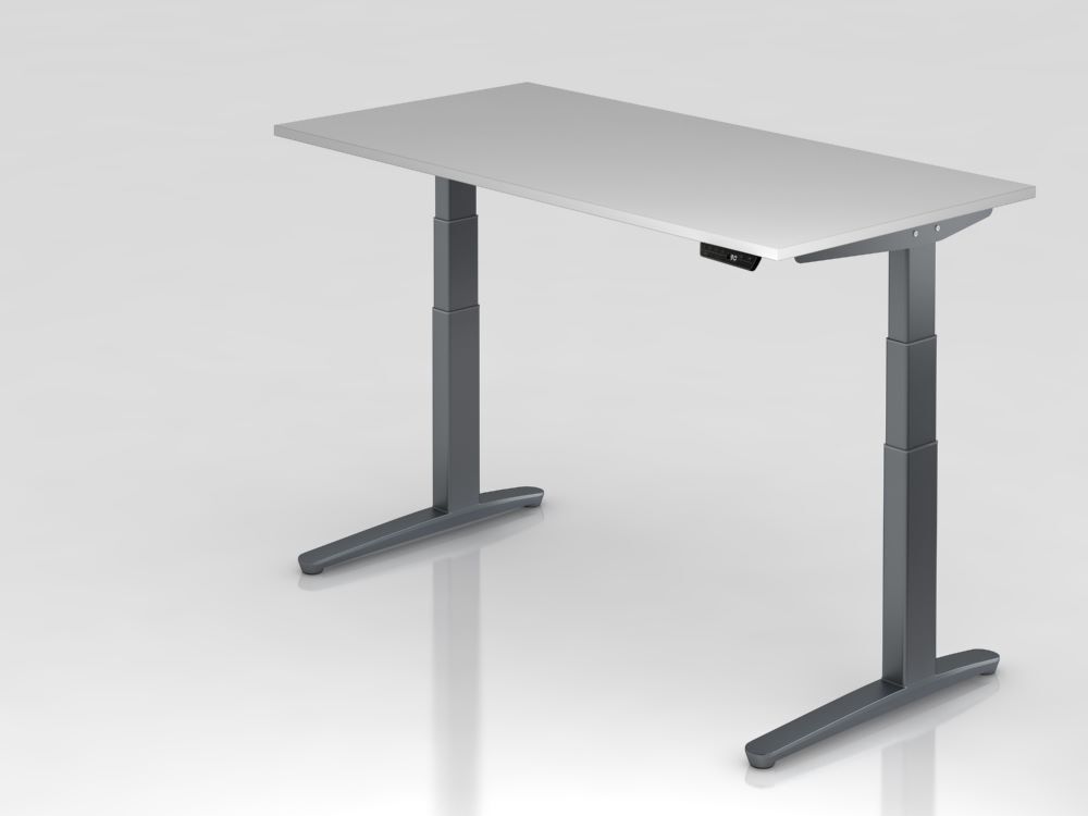 Hammerbacher Sitz-Steh-Schreibtisch 160 x 80 cm Grau Platte 25 mm C-Fuß Gestell Graphit Produktbild Hammerbacher Sitz-Steh-Schreibtisch 160 x 80 cm Grau Platte 25 mm C-Fuß Gestell Graphit