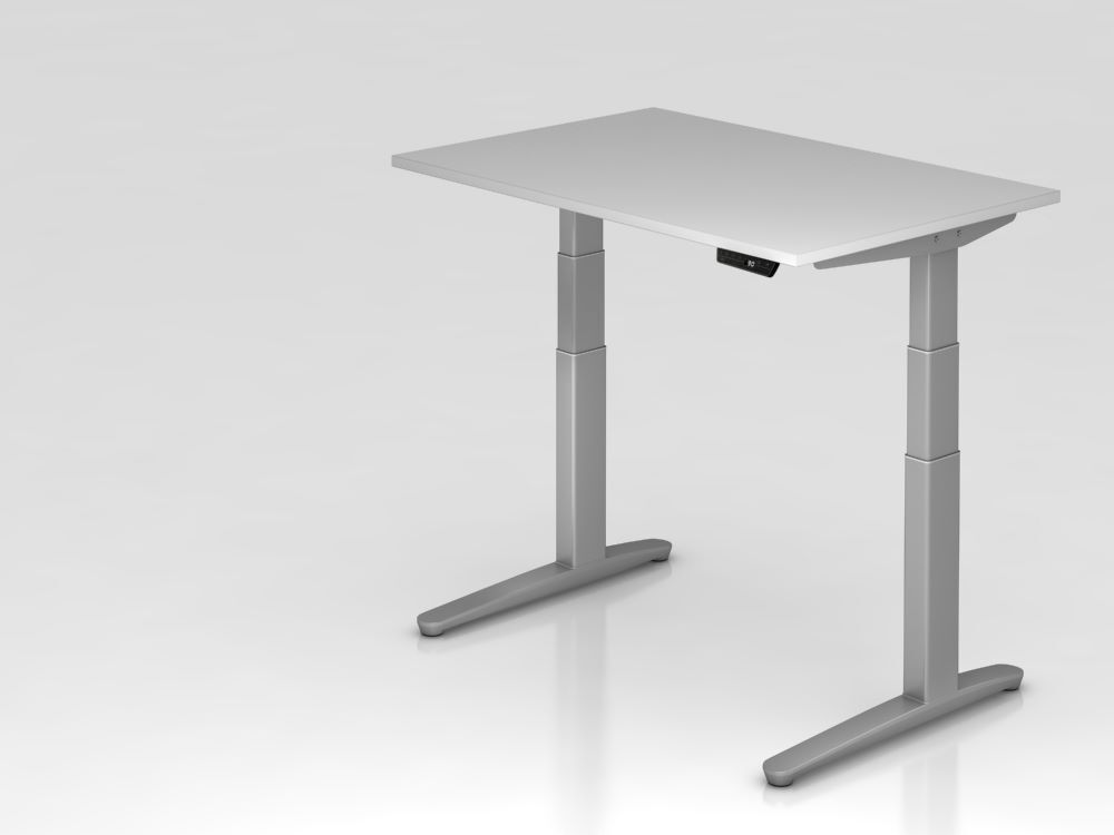 Hammerbacher Sitz-Steh-Schreibtisch 120 x 80 cm Grau Platte 25 mm Silber C-Fuß Gestell Produktbild Hammerbacher Sitz-Steh-Schreibtisch 120 x 80 cm Grau Platte 25 mm Silber C-Fuß Gestell