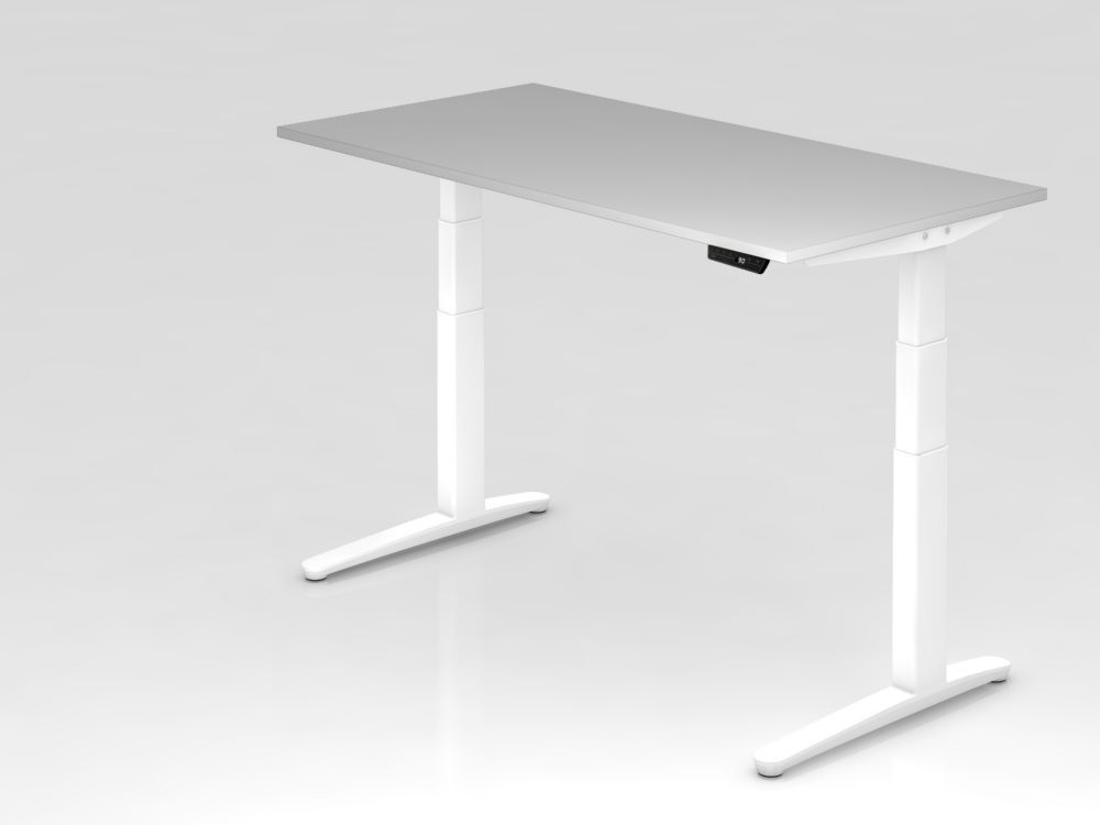 Hammerbacher Sitz-Steh-Schreibtisch 160 x 80 cm Grau Platte 25 mm C-Fuß Gestell Weiß Produktbild Hammerbacher Sitz-Steh-Schreibtisch 160 x 80 cm Grau Platte 25 mm C-Fuß Gestell Weiß