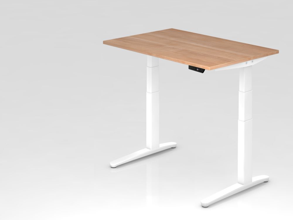 Hammerbacher Sitz-Steh-Schreibtisch 120 x 80 cm Nussbaum Weiß Arbeitshöhe 65 - 130 cm Produktbild Hammerbacher Sitz-Steh-Schreibtisch 120 x 80 cm Nussbaum Weiß Arbeitshöhe 65 - 130 cm