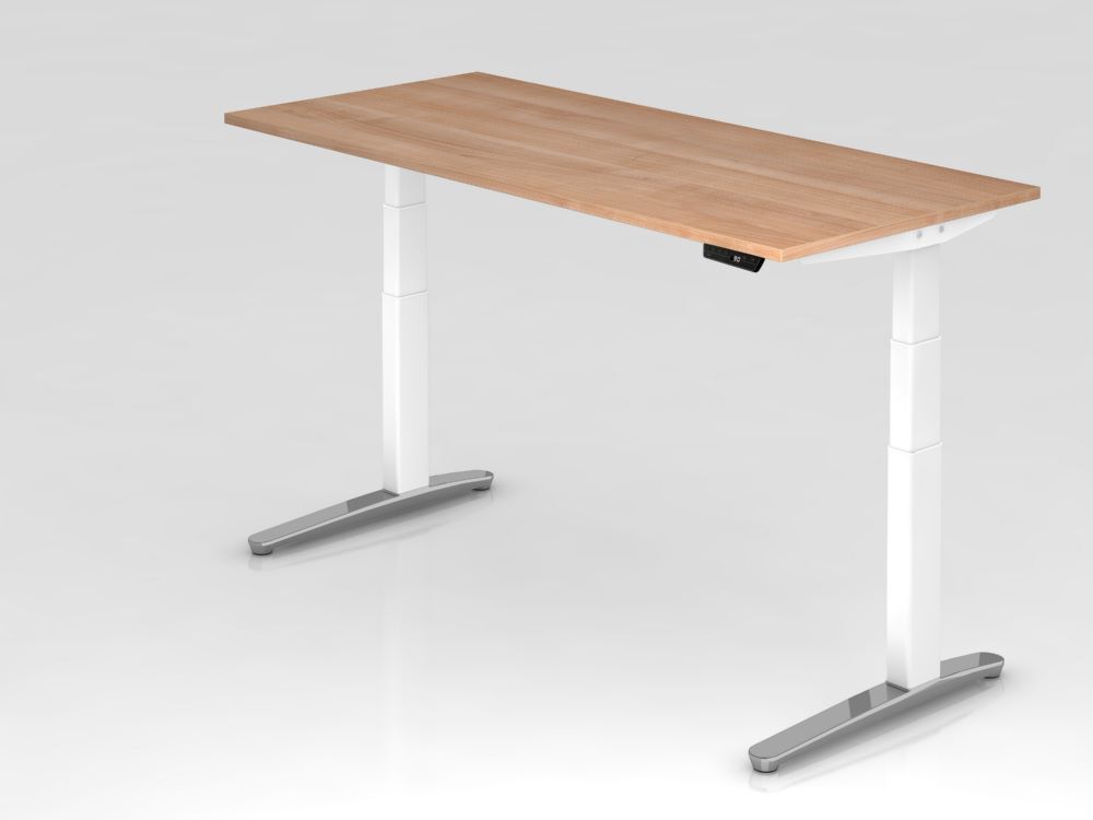 Hammerbacher Sitz-Steh-Schreibtisch 180 x 80 cm Nussbaum Weiß Höhe 65 - 130 cm Produktbild Hammerbacher Sitz-Steh-Schreibtisch 180 x 80 cm Nussbaum Weiß Höhe 65 - 130 cm