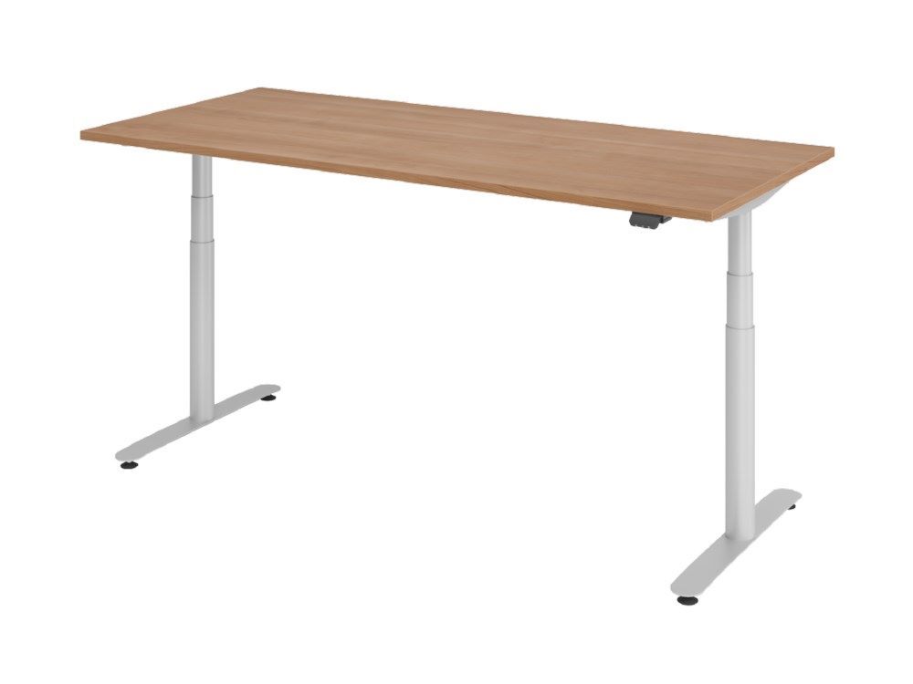 Hammerbacher Sitz-Steh-Schreibtisch XDLR19 180 x 80 cm Nussbaum T-Fuß in Silber Produktbild Hammerbacher Sitz-Steh-Schreibtisch XDLR19 180 x 80 cm Nussbaum T-Fuß in Silber