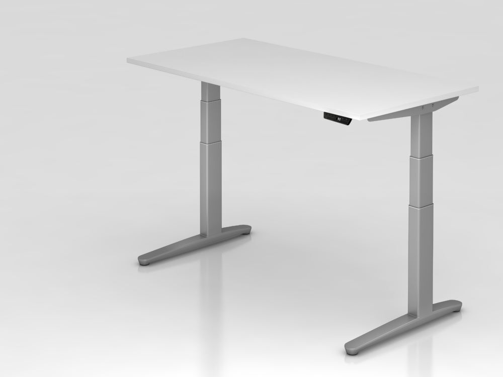 Hammerbacher Sitz-Steh-Schreibtisch 160 x 80 cm Weiß Silber Arbeitshöhe 65-130 cm Produktbild Hammerbacher Sitz-Steh-Schreibtisch 160 x 80 cm Weiß Silber Arbeitshöhe 65-130 cm