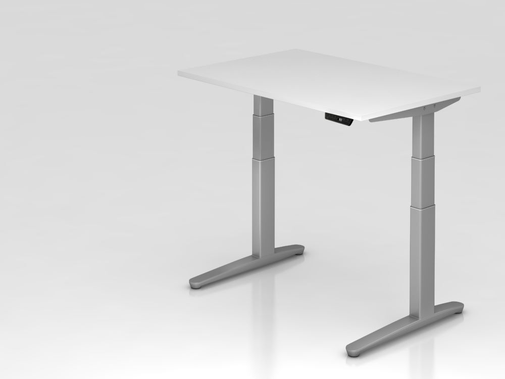 Hammerbacher Sitz-Steh-Schreibtisch elektrisch 120x80cm Weiß C-Fuß Gestell Silber Produktbild Hammerbacher Sitz-Steh-Schreibtisch elektrisch 120x80cm Weiß C-Fuß Gestell Silber
