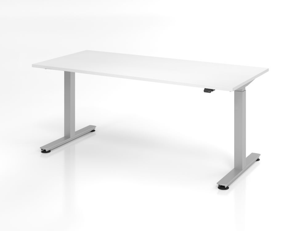 Hammerbacher Sitz-Steh Schreibtisch 180 x 80 cm Platte Weiß T-Fuß Gestell in Silber Produktbild Hammerbacher Sitz-Steh Schreibtisch 180 x 80 cm Platte Weiß T-Fuß Gestell in Silber