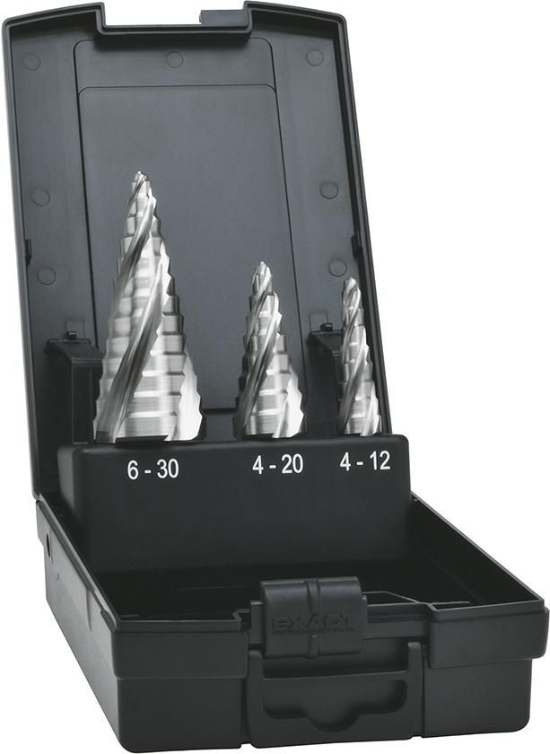 Exact Stufenbohrer HSS Set 4-fach Spiralnute 4-30 mm Produktbild Exact Stufenbohrer HSS Set 4-fach Spiralnute 4-30 mm