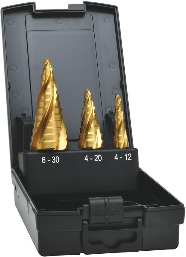 Exact Stufenbohrer HSS TiN Set 4-fach Spiralnute 4-30 mm Produktbild Exact Stufenbohrer HSS TiN Set 4-fach Spiralnute 4-30 mm