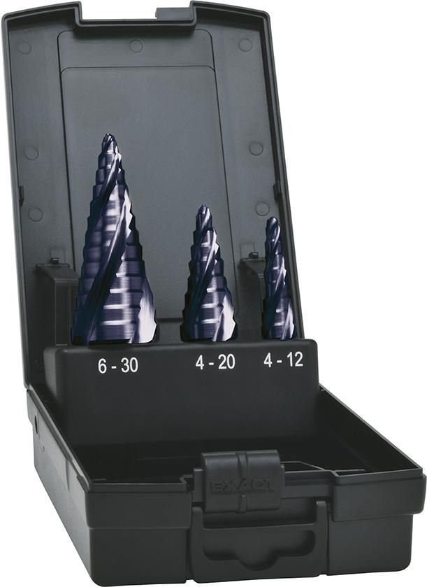 Exact Stufenbohrer Set HSS TiAlN 4-fach Spiralnute 4-30 mm Produktbild Exact Stufenbohrer Set HSS TiAlN 4-fach Spiralnute 4-30 mm