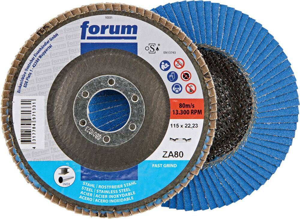 Produktbild FORUM Fächerschleifscheibe 115 mm Zirkonkorund 80 12 grad gewölbt Drehzahl 13300 min-1