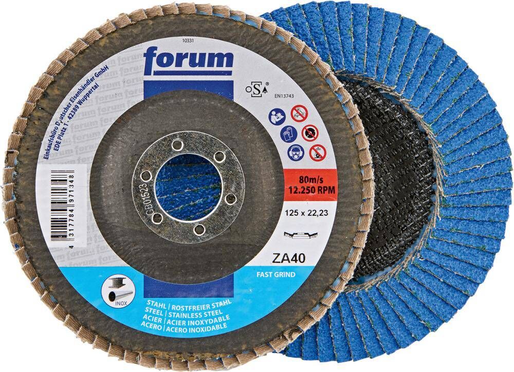 Produktbild FORUM Fächerschleifscheibe 125 mm Zirkonkorund 40 12 grad gewölbt Drehzahl 12200 min-1