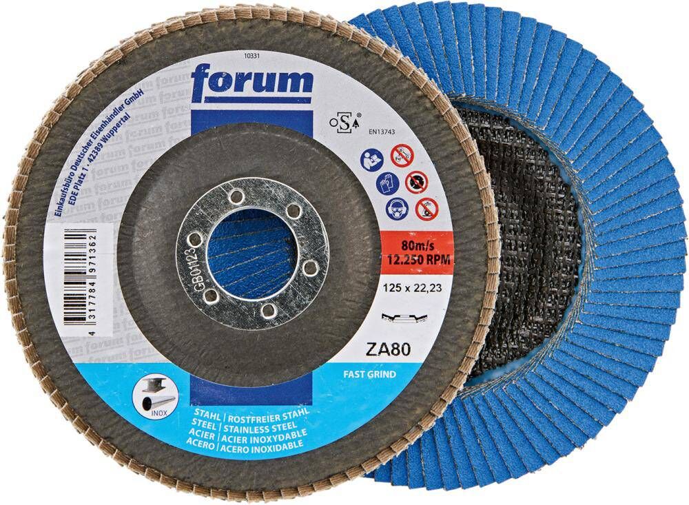 Produktbild FORUM Fächerschleifscheibe 125 mm Zirkonkorund 80 12 grad gewölbt Drehzahl 12200 min-1