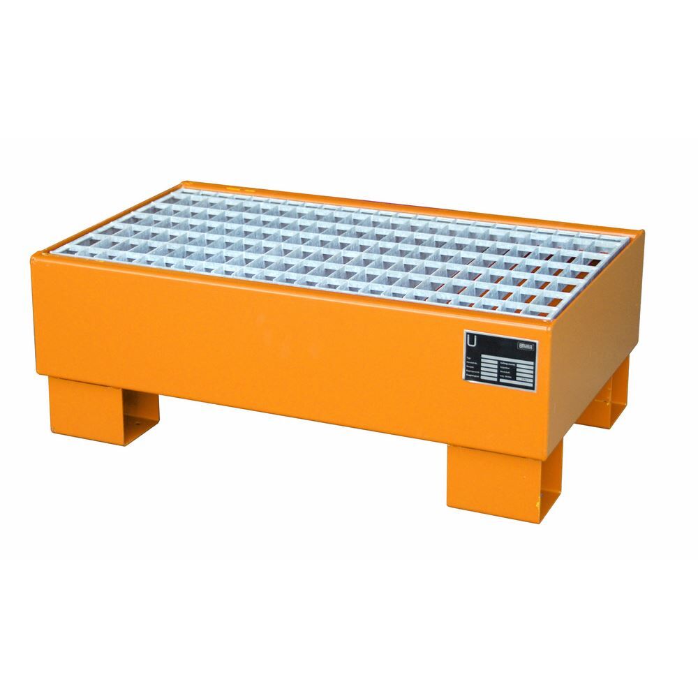 Bauer Auffangwanne AW60-1/M lackiert orange mit Gitterrost, Lagerung von max. 2x 60l Fässer Produktbild Bauer Auffangwanne AW60-1/M lackiert orange mit Gitterrost, Lagerung von max. 2x 60l Fässer