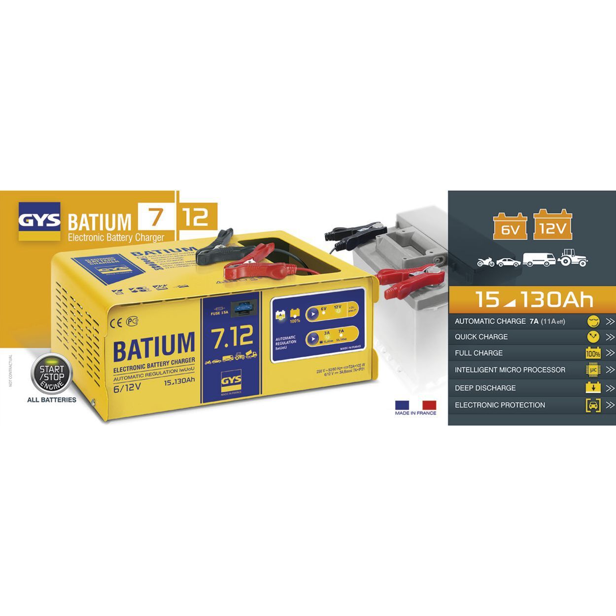 GYS BATIUM 7.12 Automatisches Batterieladegerät inklusive Erhaltungsladung 15-130Ah Produktbild GYS BATIUM 7.12 Automatisches Batterieladegerät inklusive Erhaltungsladung 15-130Ah