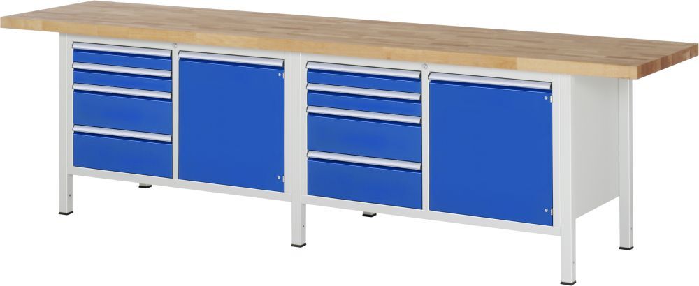 RAU Werkbank Modell 8470 B3000 x T700 x H840 mm, Gestell RAL7035, Ausstatung RAL5010 Produktbild RAU Werkbank Modell 8470 B3000 x T700 x H840 mm, Gestell RAL7035, Ausstatung RAL5010