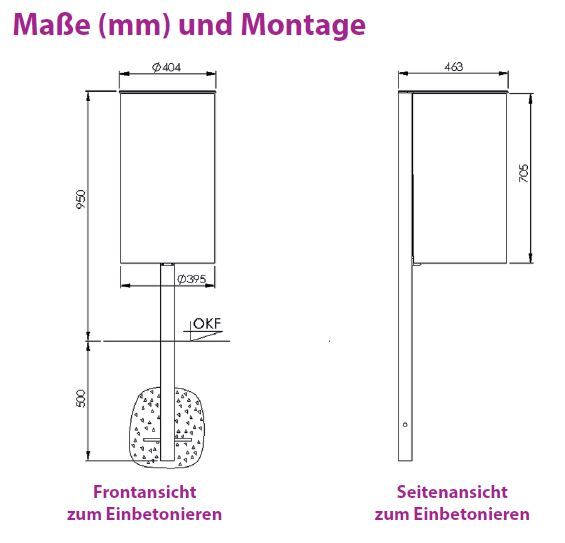 Renner Stand Abfallbehälter 60L RAL5013 mit Pfosten zum Einbetonieren Produktbild Renner Stand Abfallbehälter 60L RAL5013 mit Pfosten zum Einbetonieren bild 2