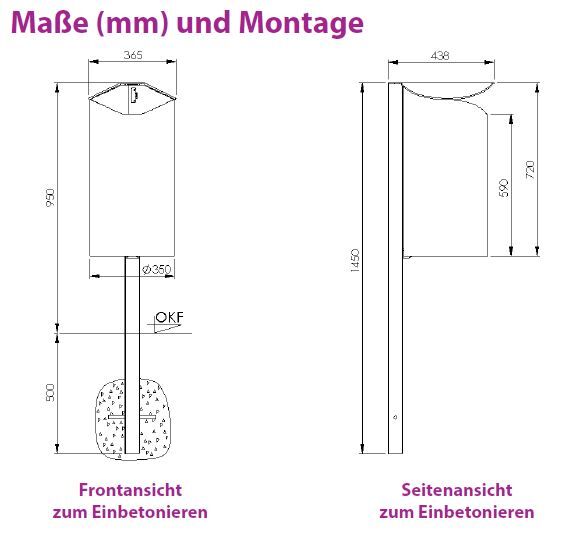 Renner Stand Abfallbehälter 60L RAL6005 zum Einbetonieren Produktbild Renner Stand Abfallbehälter 60L RAL6005 zum Einbetonieren bild 2