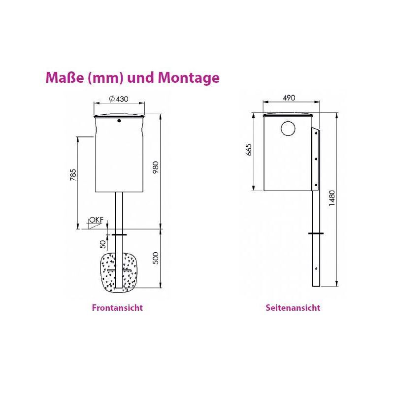 Renner Stand Abfallbehälter feuerverzinkt 50L mit Q-Rohrpfosten zum Einbetonieren Produktbild Renner Stand Abfallbehälter feuerverzinkt 50L mit Q-Rohrpfosten zum Einbetonieren bild 2