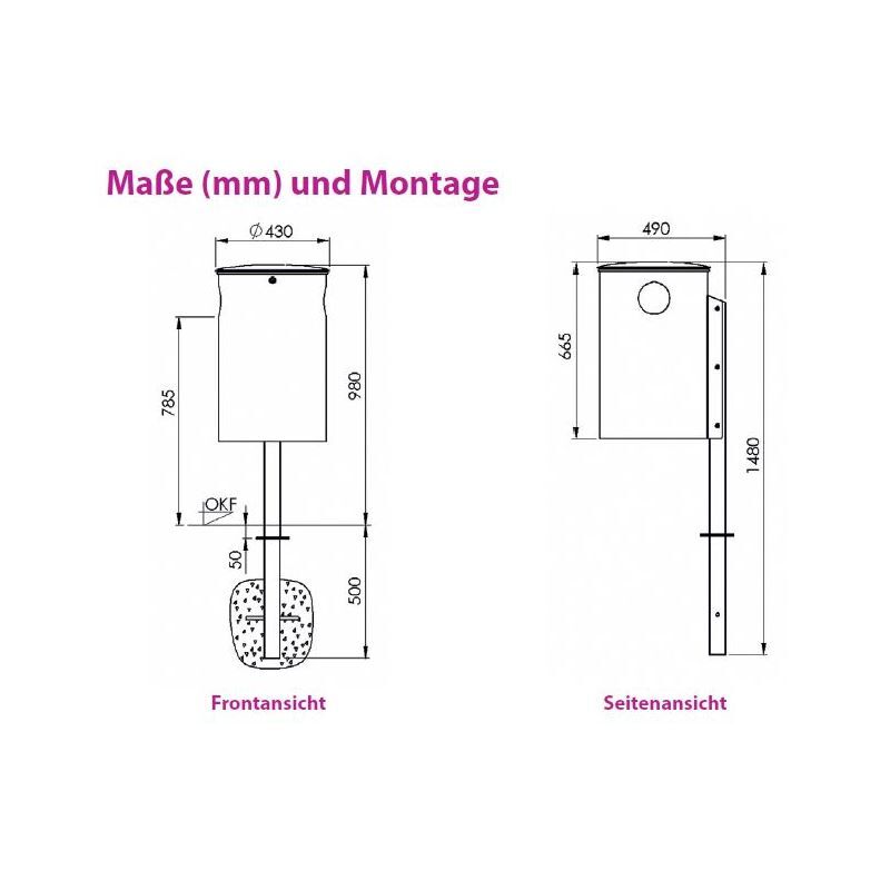 Renner Stand Abfallbehälter 50L RAL6005 mit Q-Rohrpfosten zum Einbetonieren Produktbild Renner Stand Abfallbehälter 50L RAL6005 mit Q-Rohrpfosten zum Einbetonieren bild 2