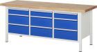 RAU Werkbank Modell 8573 B2000 x T700 x H840 mm, Gestell RAL7035, Ausstatung RAL5010