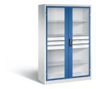C+P Werkstattschrank mit Fenster und Schubladen H 1950 mm lichtgrau enzianblau