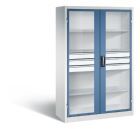 C+P Werkstattschrank mit Fenster und Schubladen H 1950 mm lichtgrau fernblau