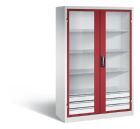C+P Werkstattschrank mit Fenster und Schubladen 1950 mm lichtgrau rubinrot