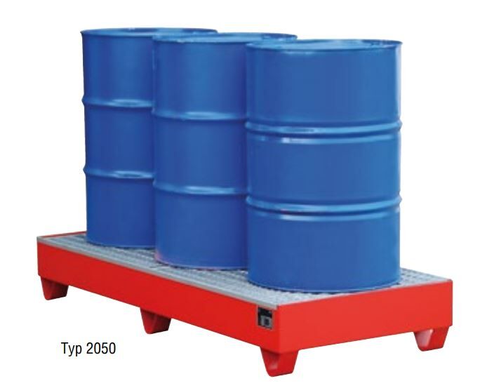 Bauer Auffangwanne Typ 2050 orange mit Gitterrost Lagerung von max. 3x 200l Fässer Produktbild Bauer Auffangwanne Typ 2050 orange mit Gitterrost Lagerung von max. 3x 200l Fässer