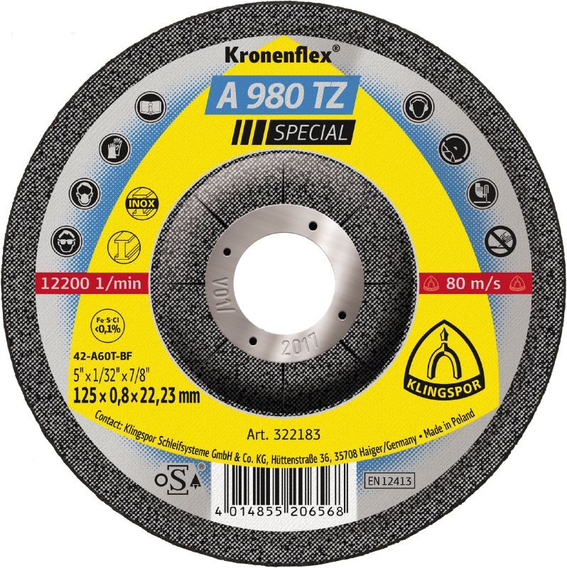 Klingspor A 980 TZ Trennscheiben, 115 x 0,8 x 22,23 mm gekröpft Klingspor A 980 TZ Trennscheiben, 115 x 0,8 x 22,23 mm gekröpft