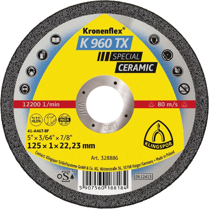 Klingspor K 960 TX Trennscheiben Keramik, 125 x 1 x 22,23 mm gerade Klingspor K 960 TX Trennscheiben Keramik, 125 x 1 x 22,23 mm gerade