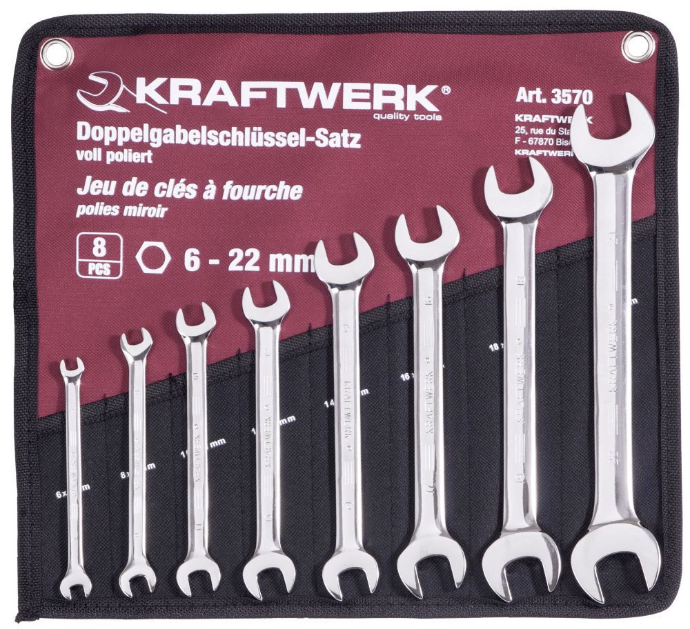 Kraftwerk Doppelgabelschlüssel Satz 8 teilig voll poliert 6 bis 22 mm Produktbild Kraftwerk Doppelgabelschlüssel Satz 8 teilig voll poliert 6 bis 22 mm