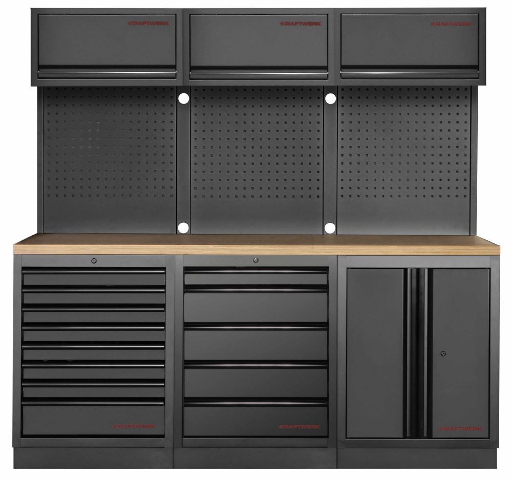 Produktbild Kraftwerk MOBILIO Black 3er Werkstattschrank System Kombi mit Lochwand Buche
