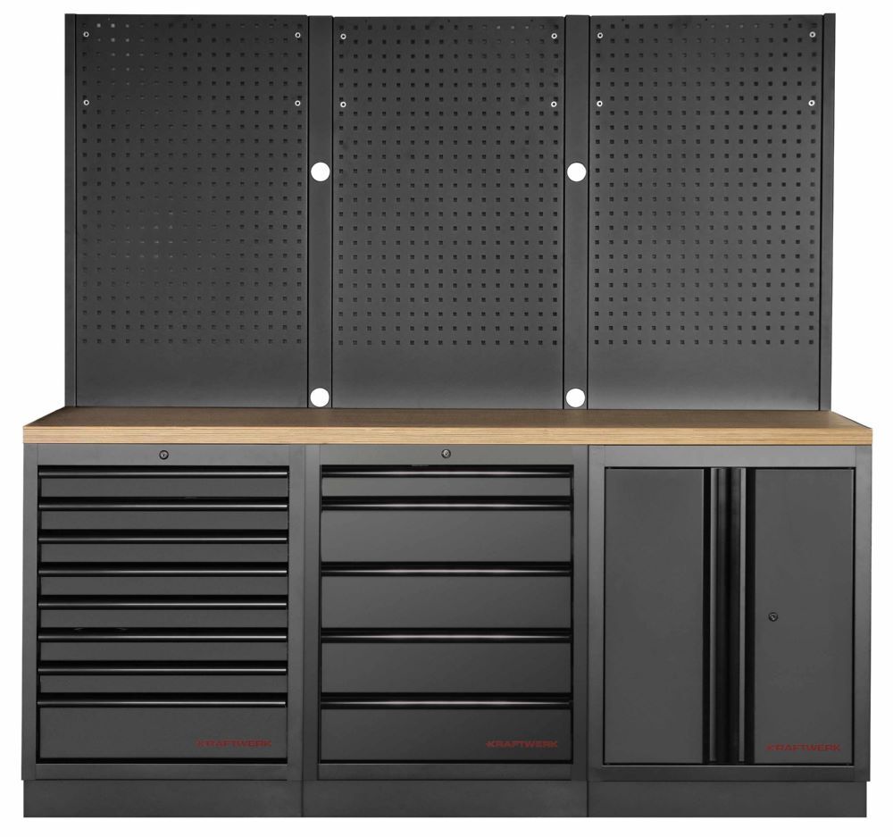 Produktbild Kraftwerk MOBILIO Black 3er Werkstattschrank mit Lochwand Arbeitsplatte Buche