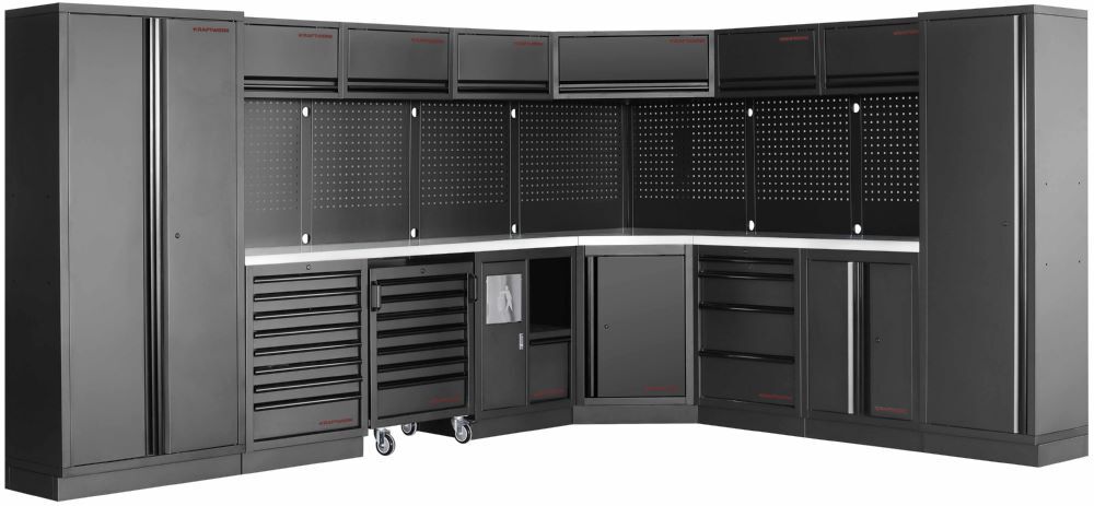 Produktbild Kraftwerk MOBILIO Black Werkstatt Schrankwand 8er Komplett-Kombi mit Lochwand Edelstahl