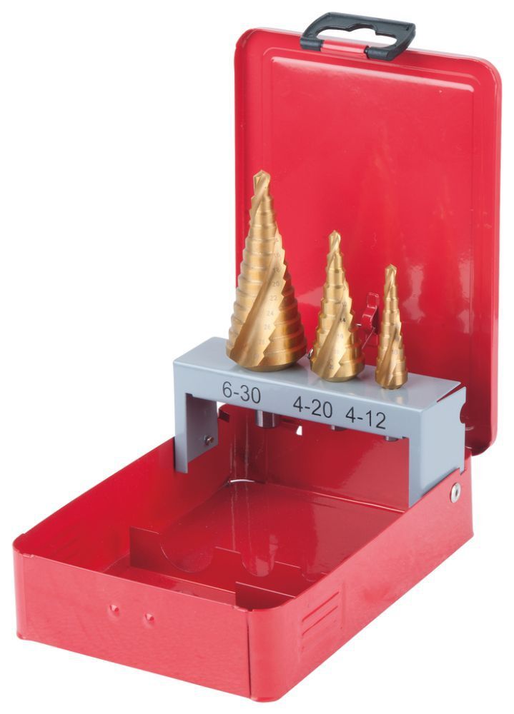 KS Tools HSS TiN Stufenbohrer Satz Stahlblechkassette 3 teilig Produktbild KS Tools HSS TiN Stufenbohrer Satz Stahlblechkassette 3 teilig