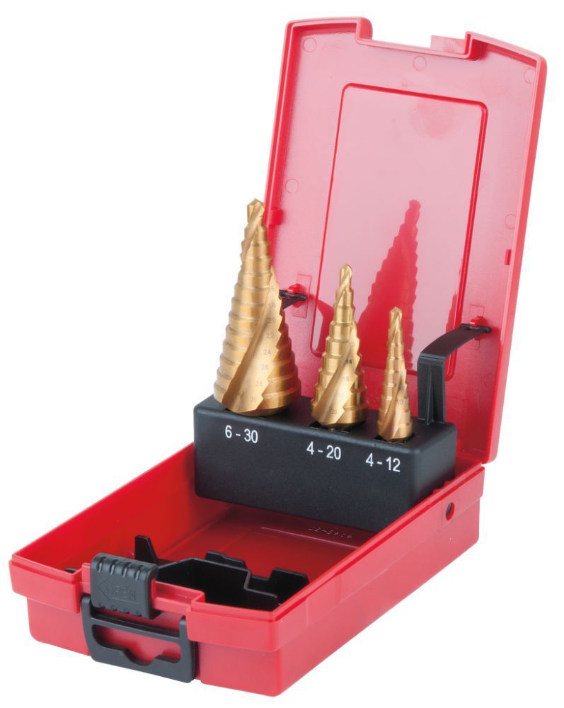 KS Tools HSS TiN Stufenbohrer Satz Kunststoffkassette 3 teilig Produktbild KS Tools HSS TiN Stufenbohrer Satz Kunststoffkassette 3 teilig