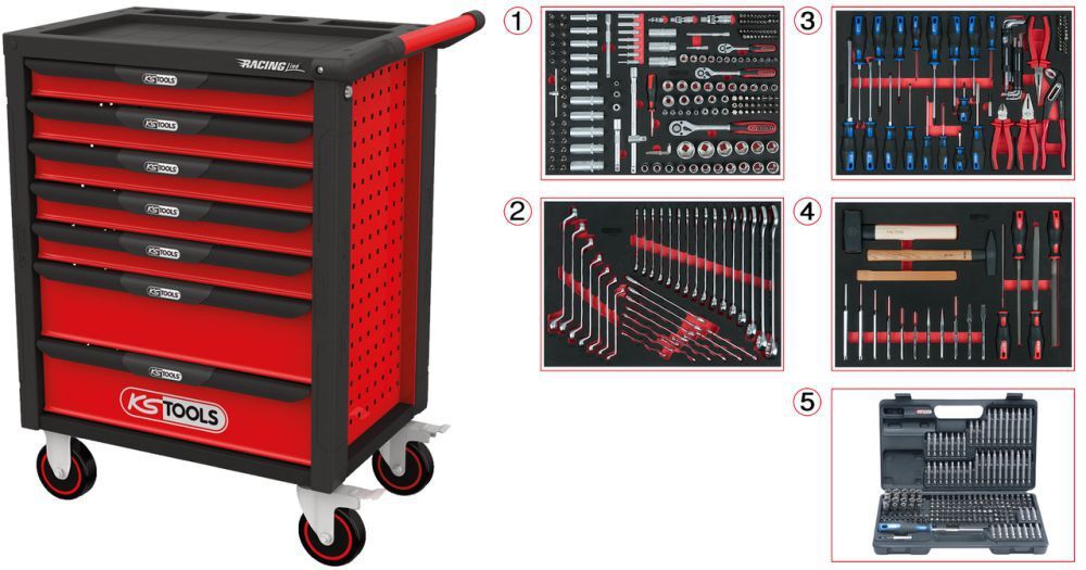 KS TOOLS RACINGline SCHWARZ/ROT Werkstattwagen mit 7 Schubladen und 515 Premium Werkzeuge Produktbild KS TOOLS RACINGline SCHWARZ/ROT Werkstattwagen mit 7 Schubladen und 515 Premium Werkzeuge