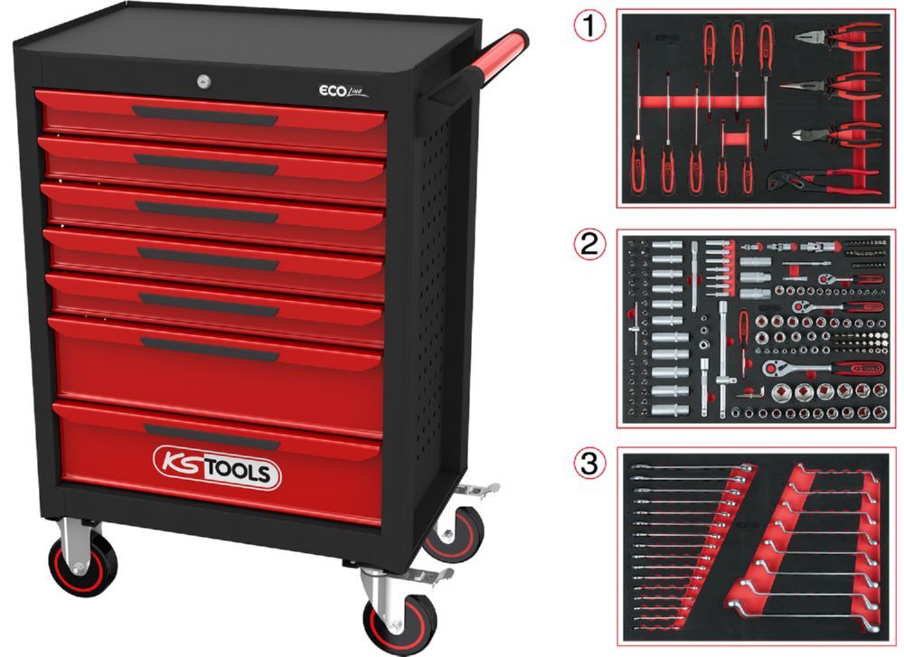 Produktbild KS Tools Ecoline Werkstattwagen 7 Schubladen mit 215 Werkzeugen 748 x 1014 x 459 mm