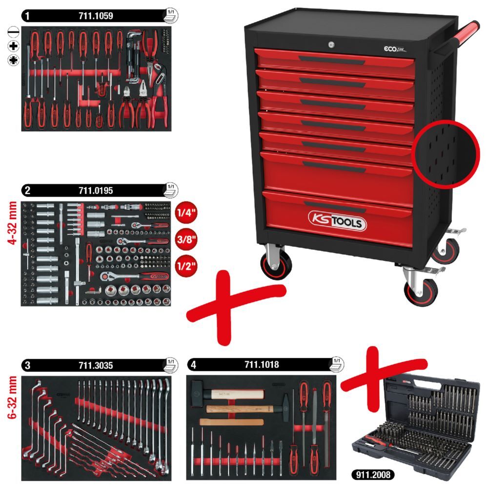 Produktbild ECOline SCHWARZ/ROT Werkstattwagen mit 7 Schubladen und 515 Premium-Werkzeugen bild 2