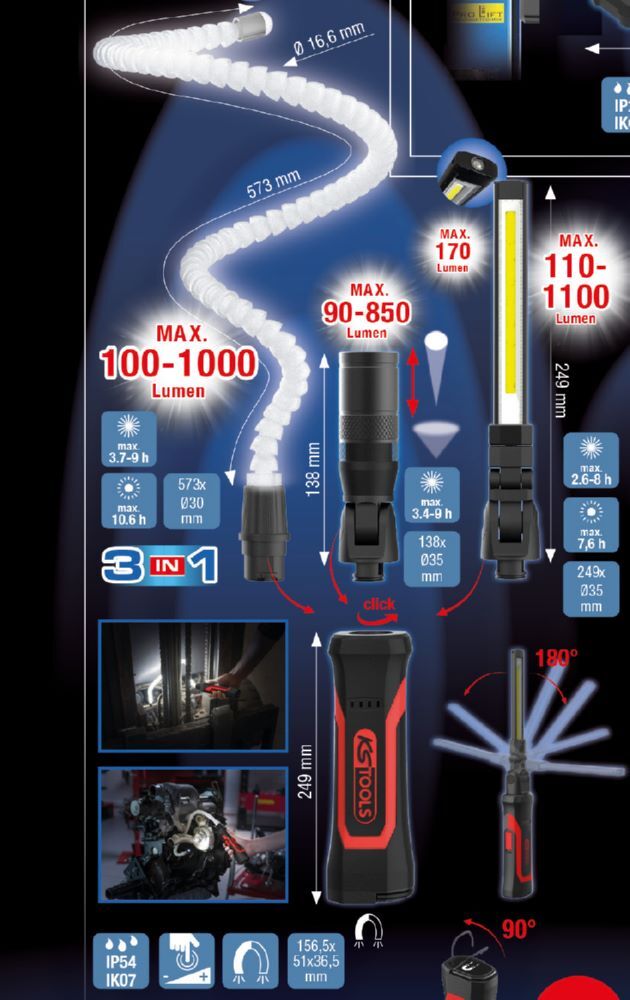 KS Tools 3 in1 Quick Lock Arbeitsleuchten Set eQi Ultimate BEAM 4 teilig Produktbild KS Tools 3 in1 Quick Lock Arbeitsleuchten Set eQi Ultimate BEAM 4 teilig