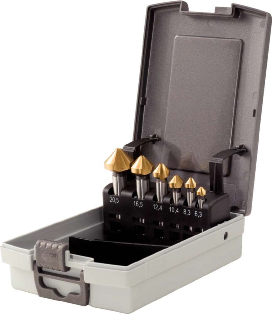 KS Tools HSS TiN Kegelsenker Entgratsenker Satz in Kunststoffkassette 6 Teile Produktbild KS Tools HSS TiN Kegelsenker Entgratsenker Satz in Kunststoffkassette 6 Teile