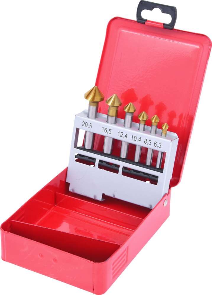 KS Tools HSS TiN Kegelsenker Entgratsenker Satz in Stahlblechkassette 6 Teile Produktbild KS Tools HSS TiN Kegelsenker Entgratsenker Satz in Stahlblechkassette 6 Teile