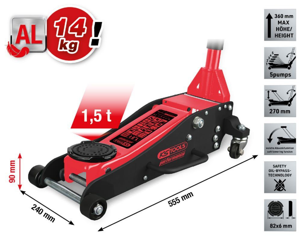KS Tools Hydraulischer Aluminium Wagenheber performance 1500 kg 90 bis 360 mm Produktbild KS Tools Hydraulischer Aluminium Wagenheber performance 1500 kg 90 bis 360 mm bild 2