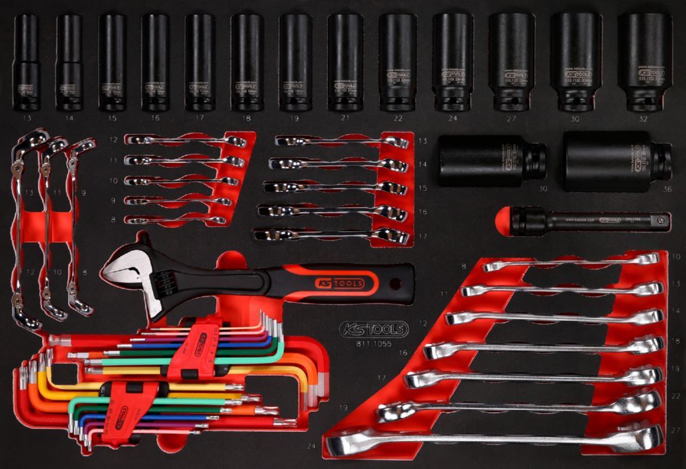 Produktbild KS Tools Schraubenschlüssel und Kraft Stecknuss Satz Einlagegröße M 55 teilig