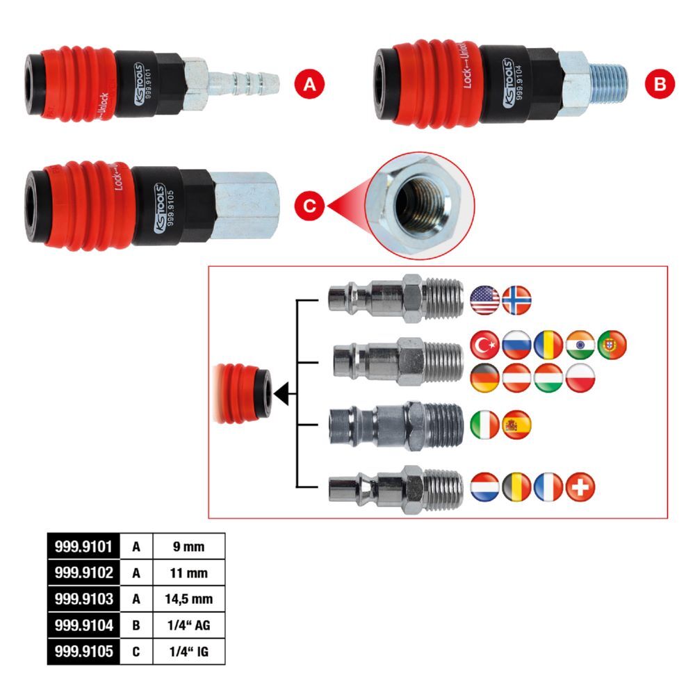 KS Tools Universal Druckluft Sicherheitskupplung 9 mm mit Schlauchtülle KS Tools Universal Druckluft Sicherheitskupplung 9 mm mit Schlauchtülle