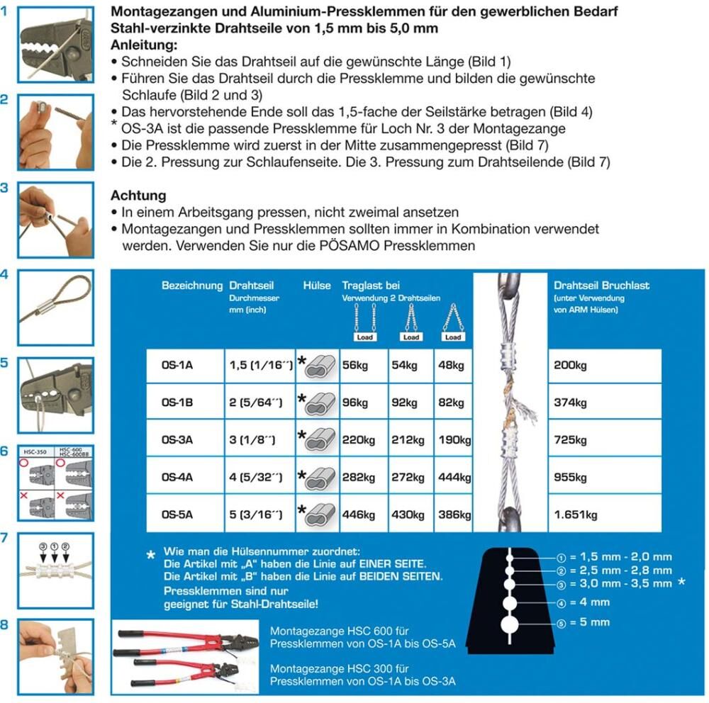 Pösamo Alu-Sicherheitspressklemmen OS-5A f.Drahtseil-Ø 5,0mm Pösamo Alu-Sicherheitspressklemmen OS-5A f.Drahtseil-Ø 5,0mm