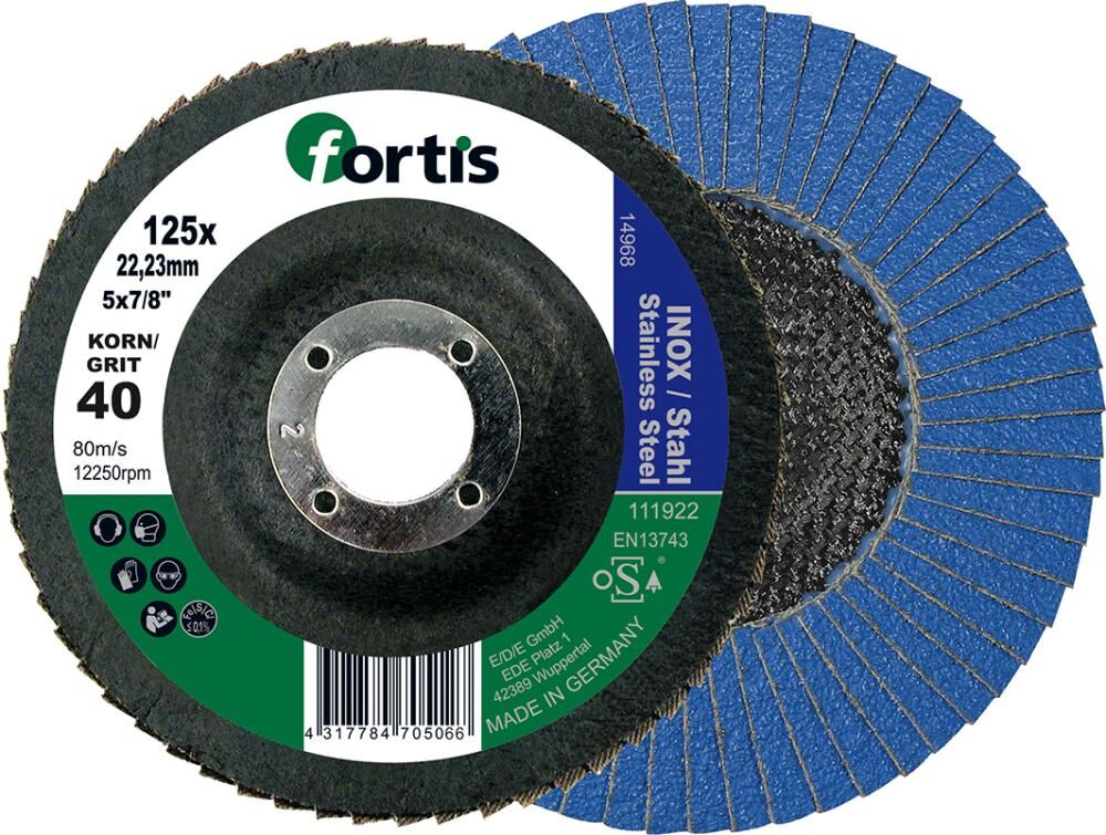 Fortis Fächerschleifscheibe Inox Stahl 125 mm K40 gerade